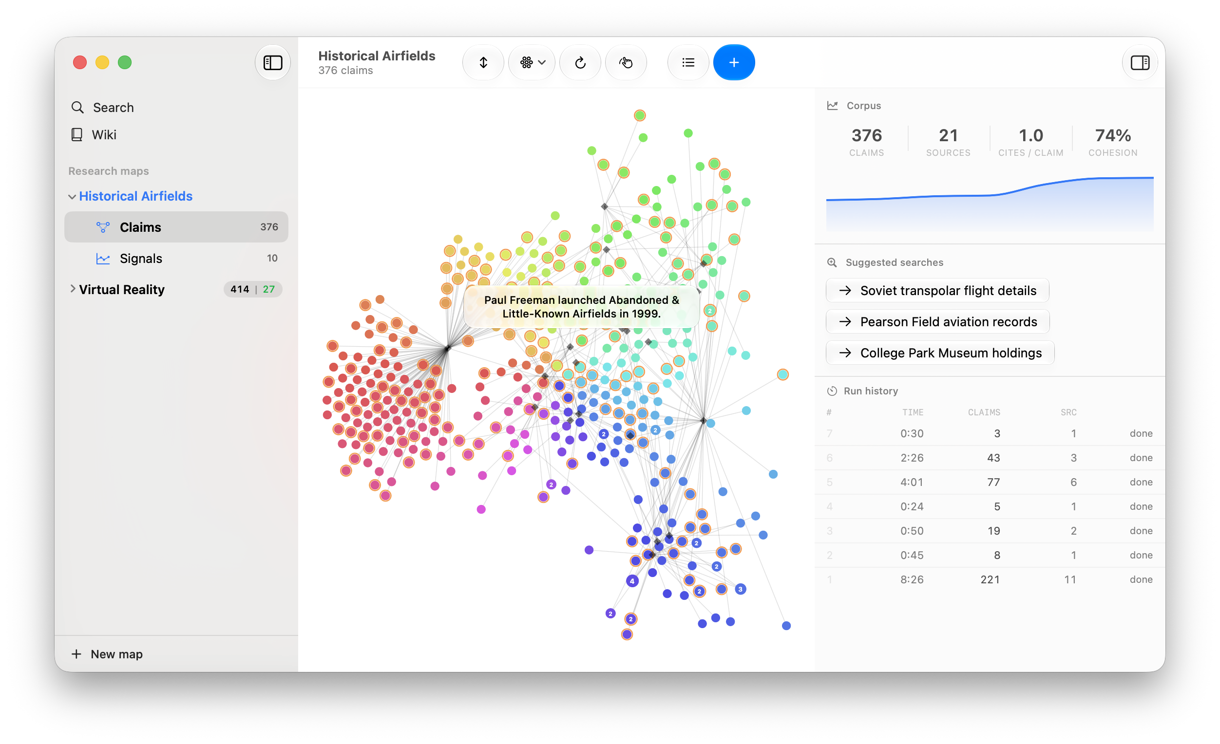 Cluster showing a research map of claims alongside the wiki
